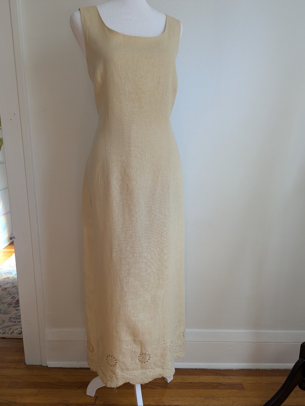 Vintage 100% Linen Embroidered Lace Maxi Dress In Ivory Country Club Bridal